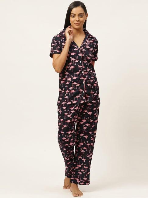 laabha black cotton printed shirt pyjama set