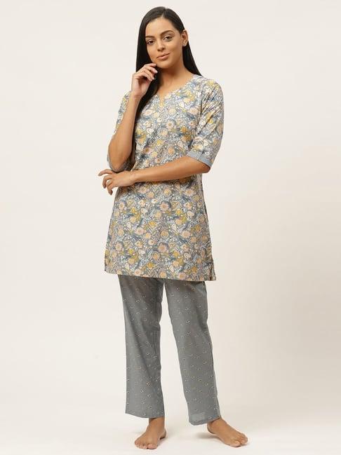 laabha grey cotton printed kurti pyjama set