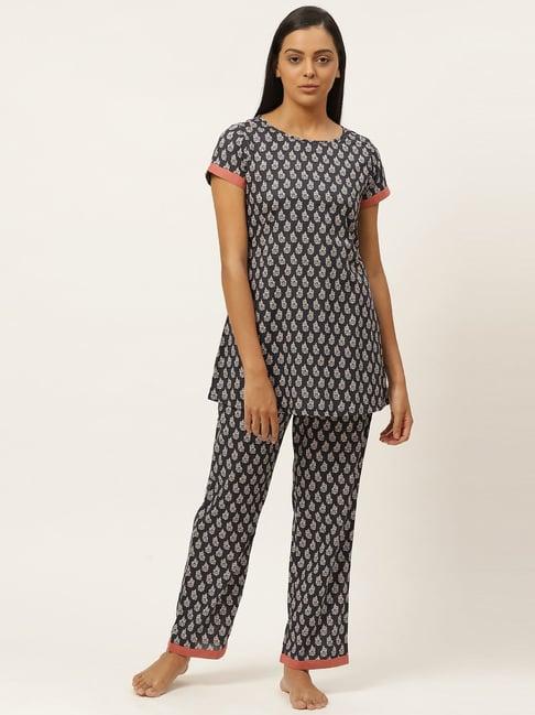 laabha navy cotton printed kurti pyjama set