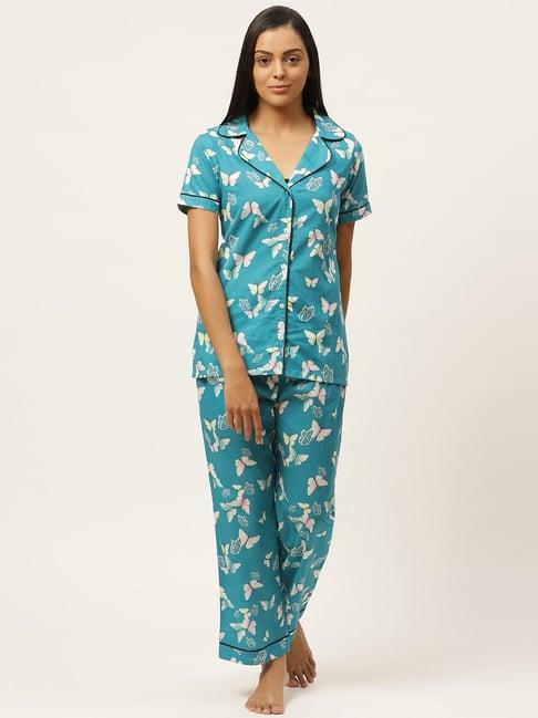 laabha turquoise cotton printed shirt pyjama set