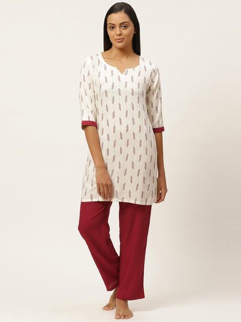 laabha white & maroon printed kurti pyjama set
