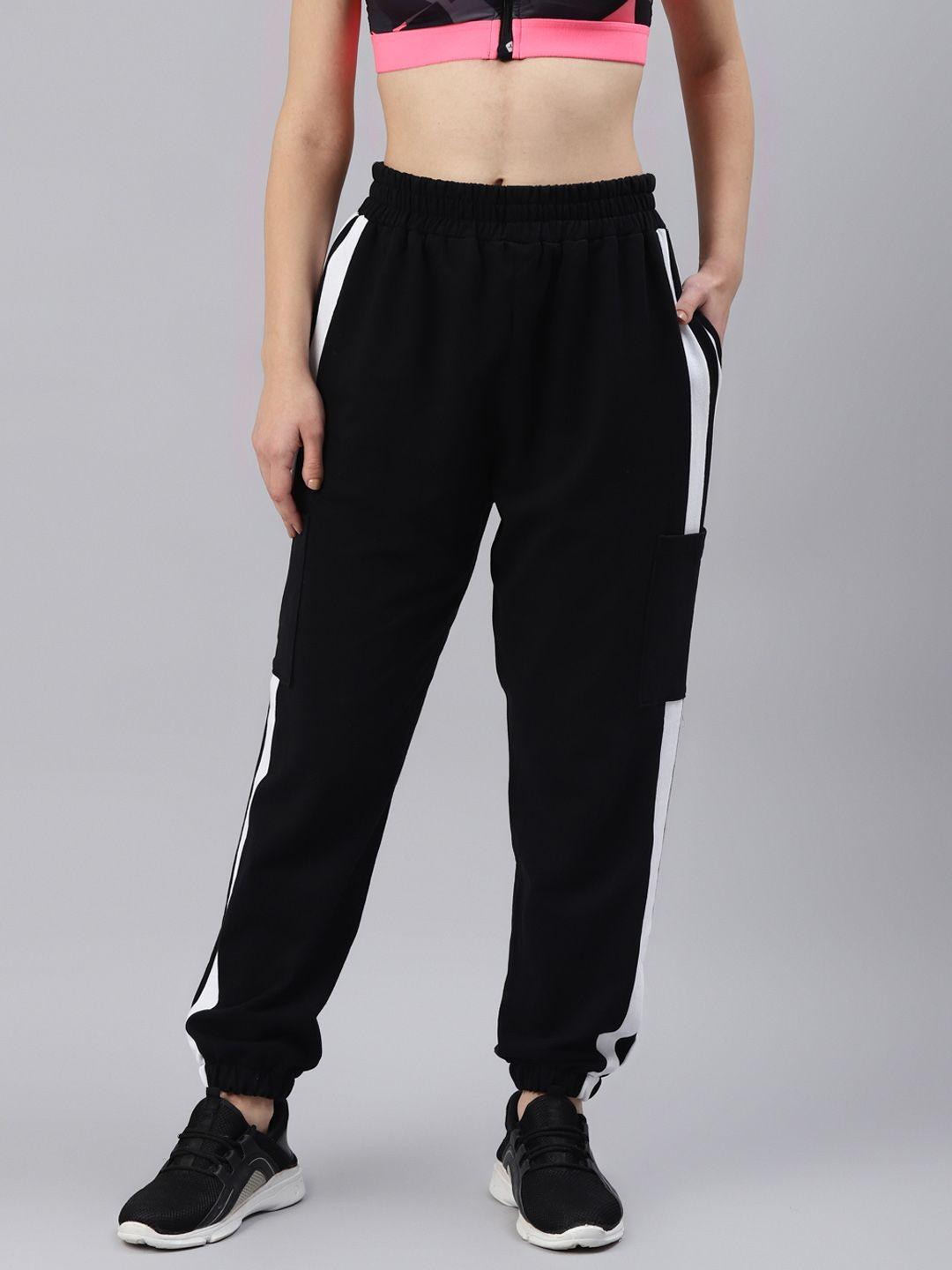 laabha women black & white regular fit joggers track pants