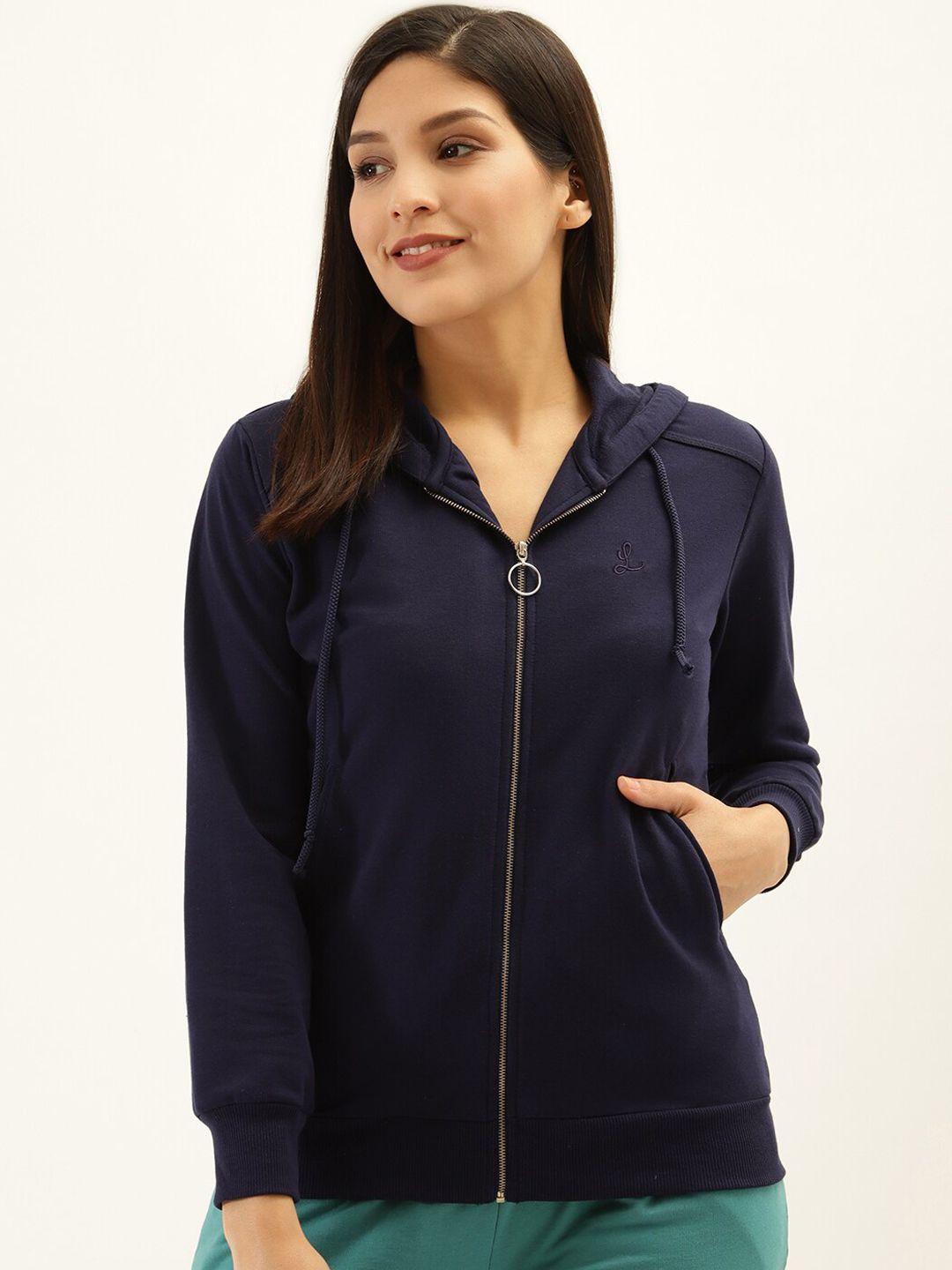 laabha women navy blue solid hooded sweatshirt