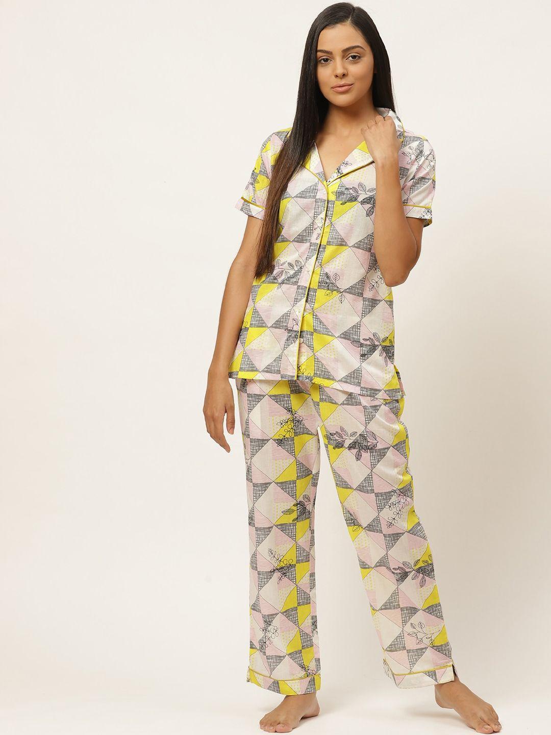 laabha women yellow & pink printed pure cotton night suit