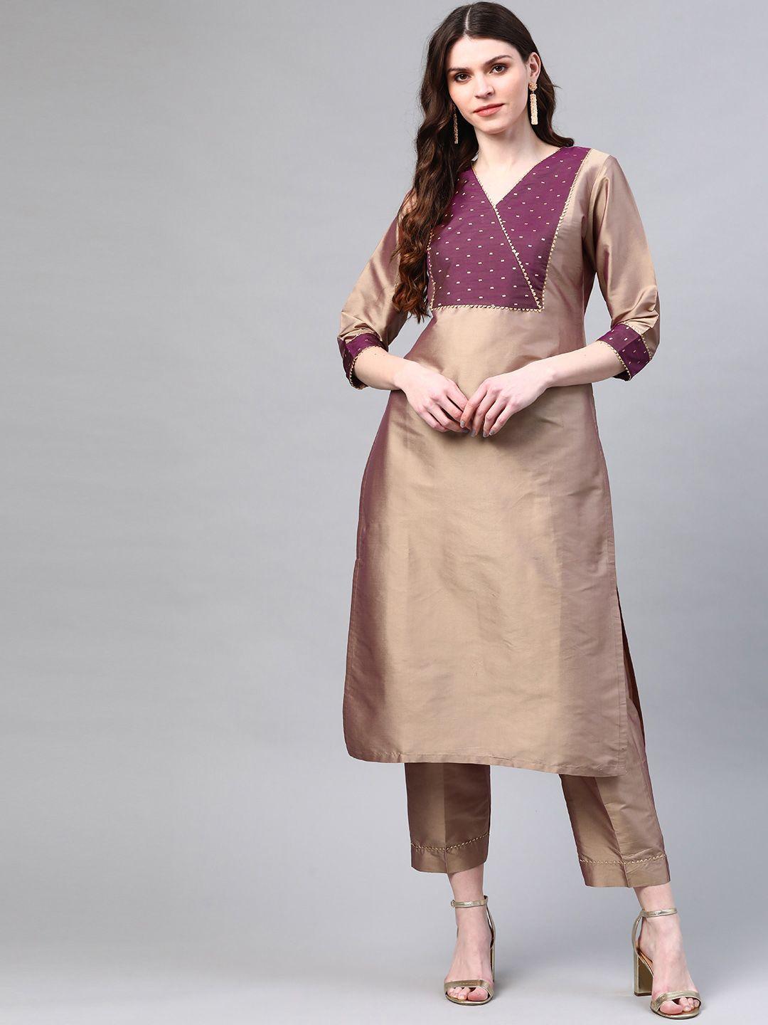 laado - pamper yourself women beige & burgundy yoke design kurta with palazzos