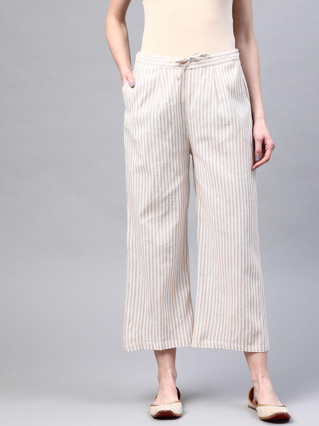 laado - pamper yourself women beige & white handloom cotton striped wide leg sustainable palazzos