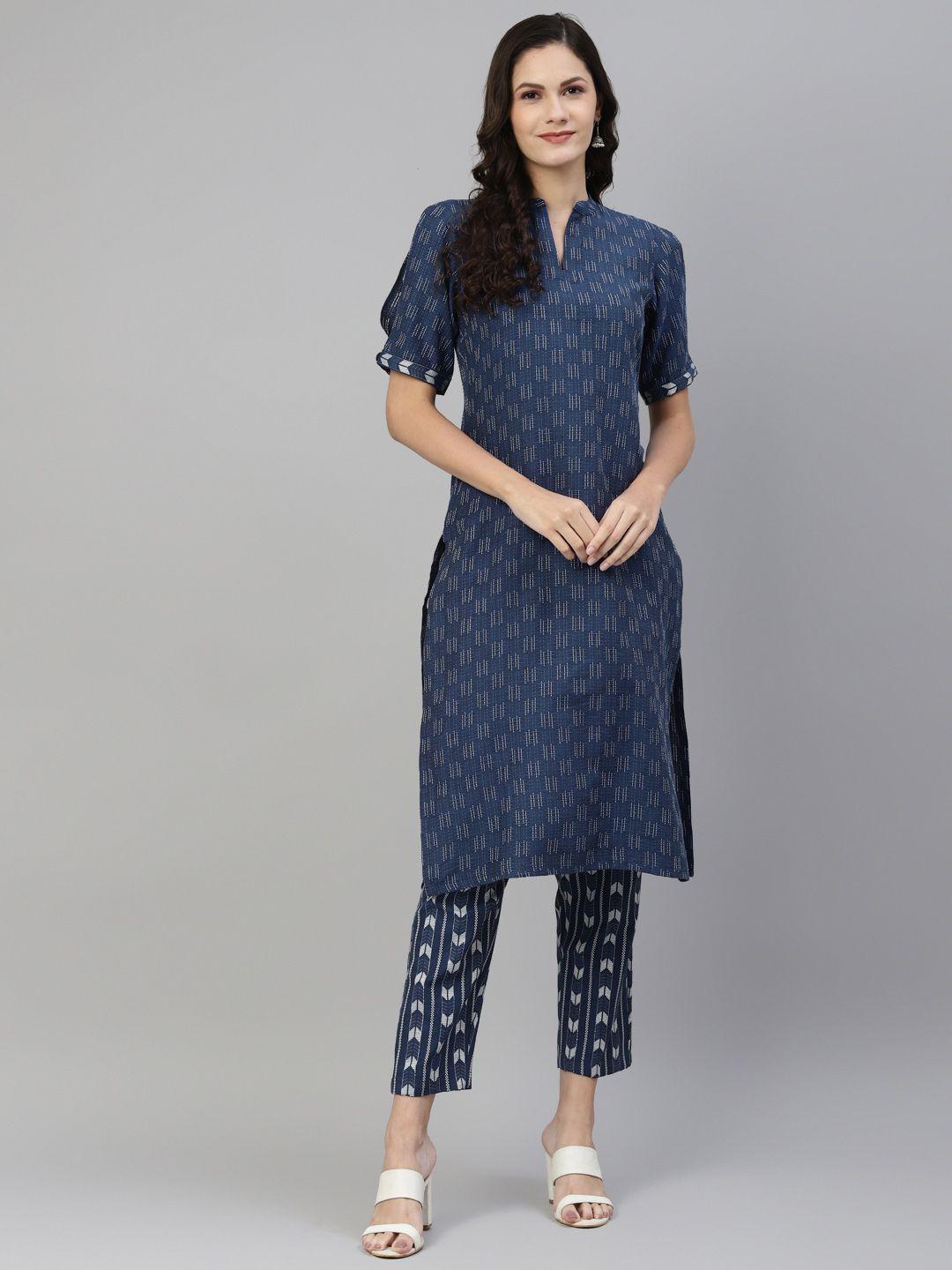 laado - pamper yourself women blue printed pure cotton kurta with trousers