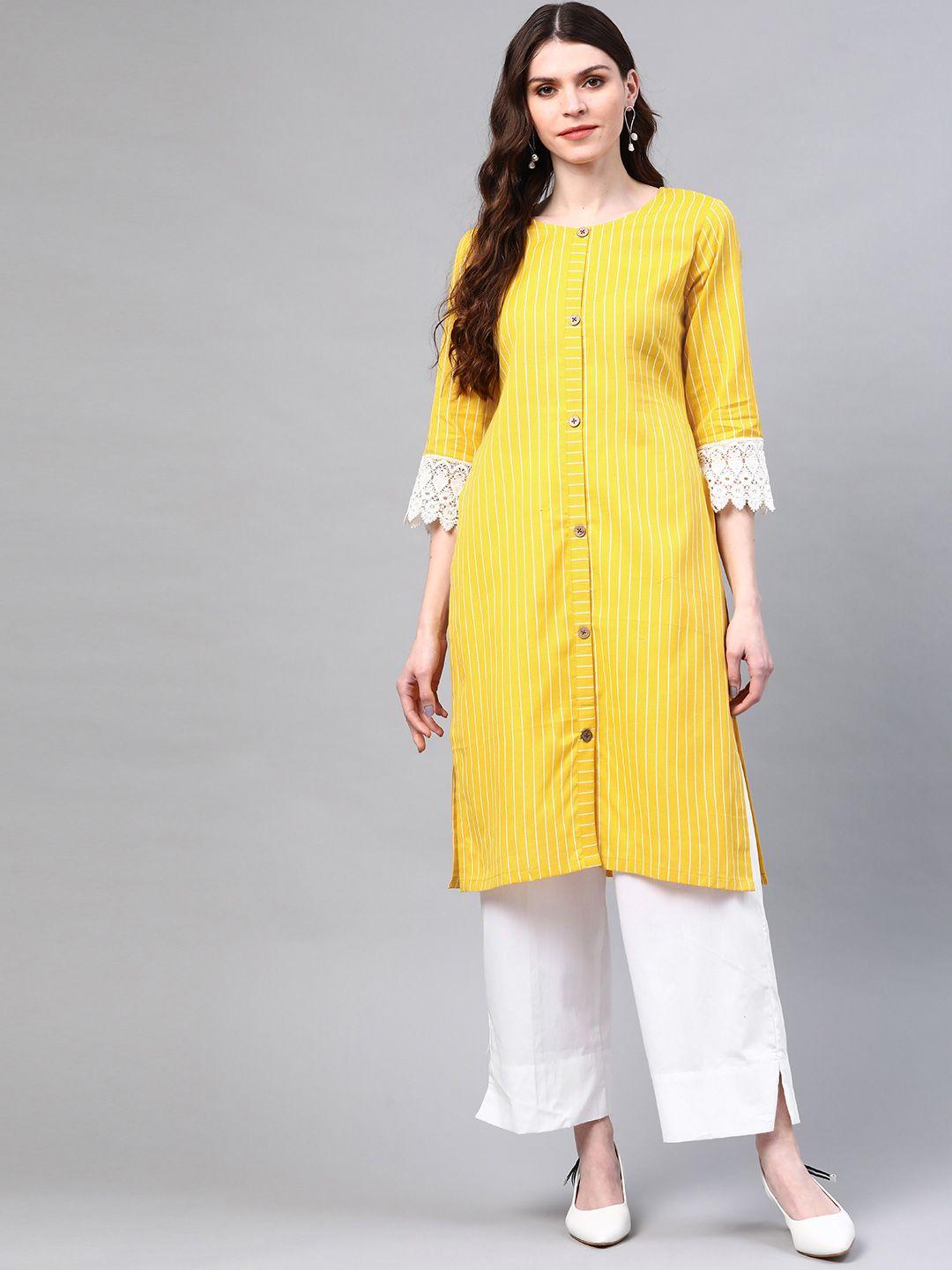 laado - pamper yourself women mustard yellow & white cotton striped sustainable kurta with palazzos
