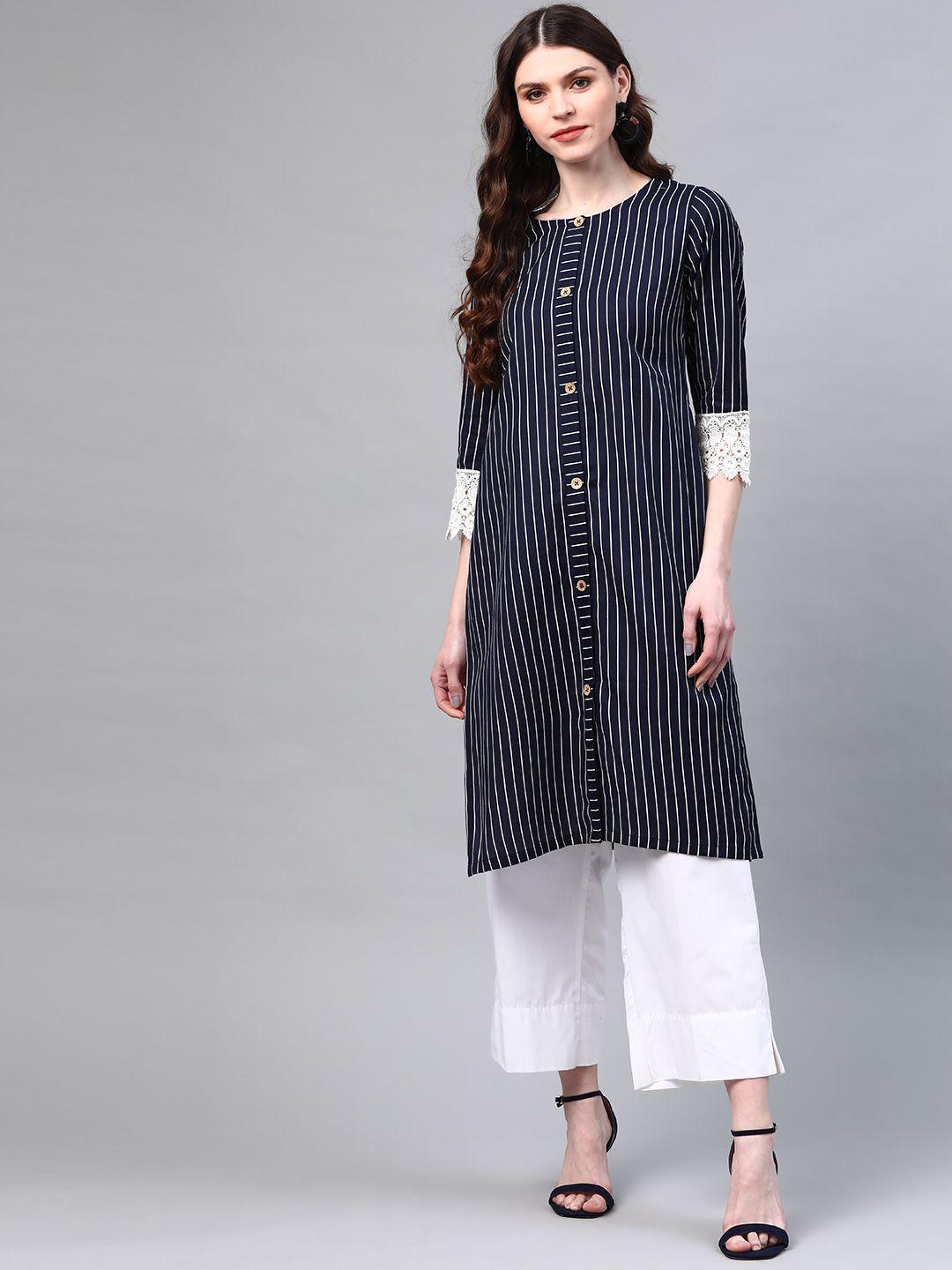 laado - pamper yourself women navy blue & white cotton striped straight kurta