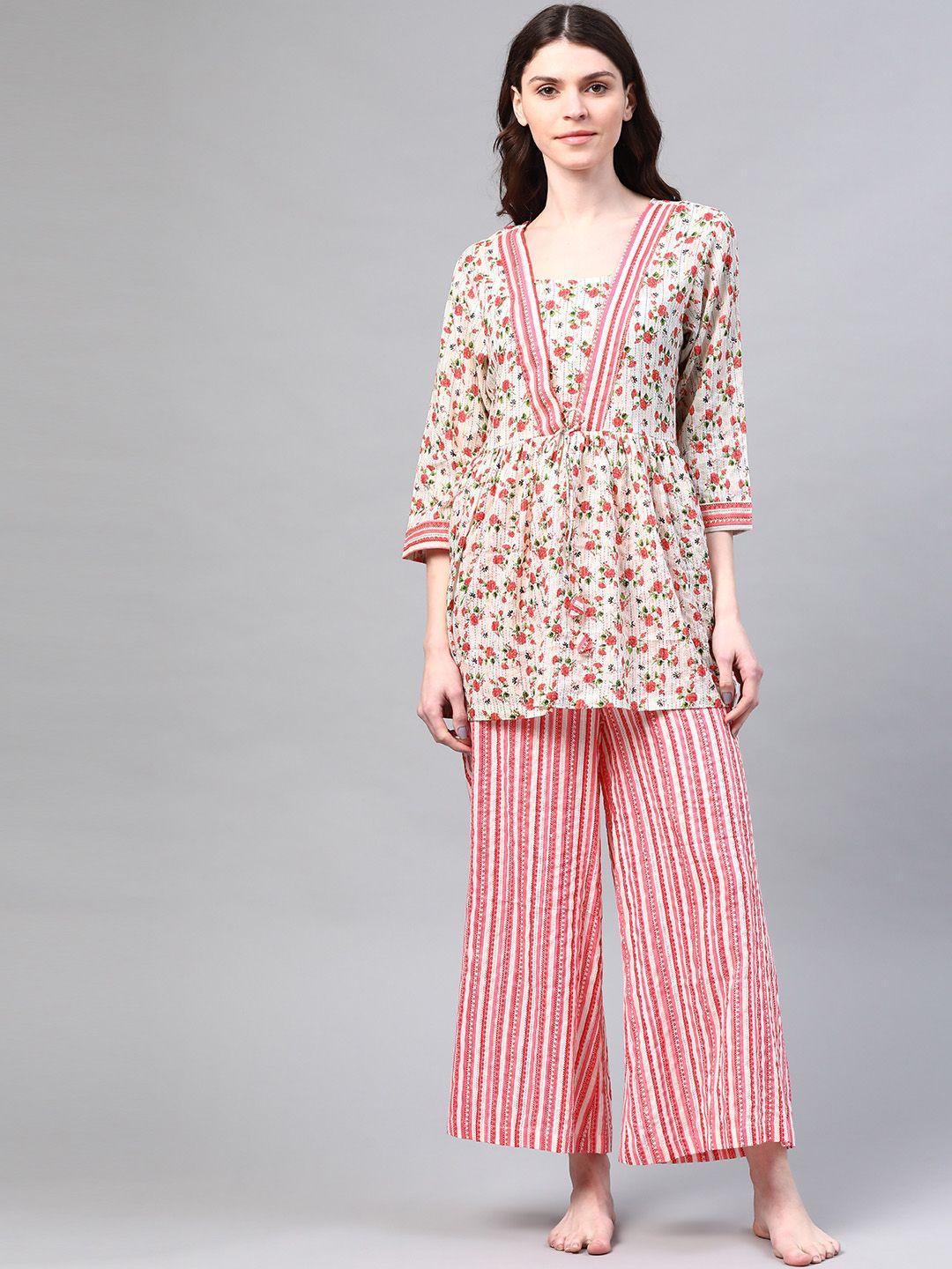 laado---pamper-yourself-women-off-white-&-pink-floral-print-pure-cotton-night-suit