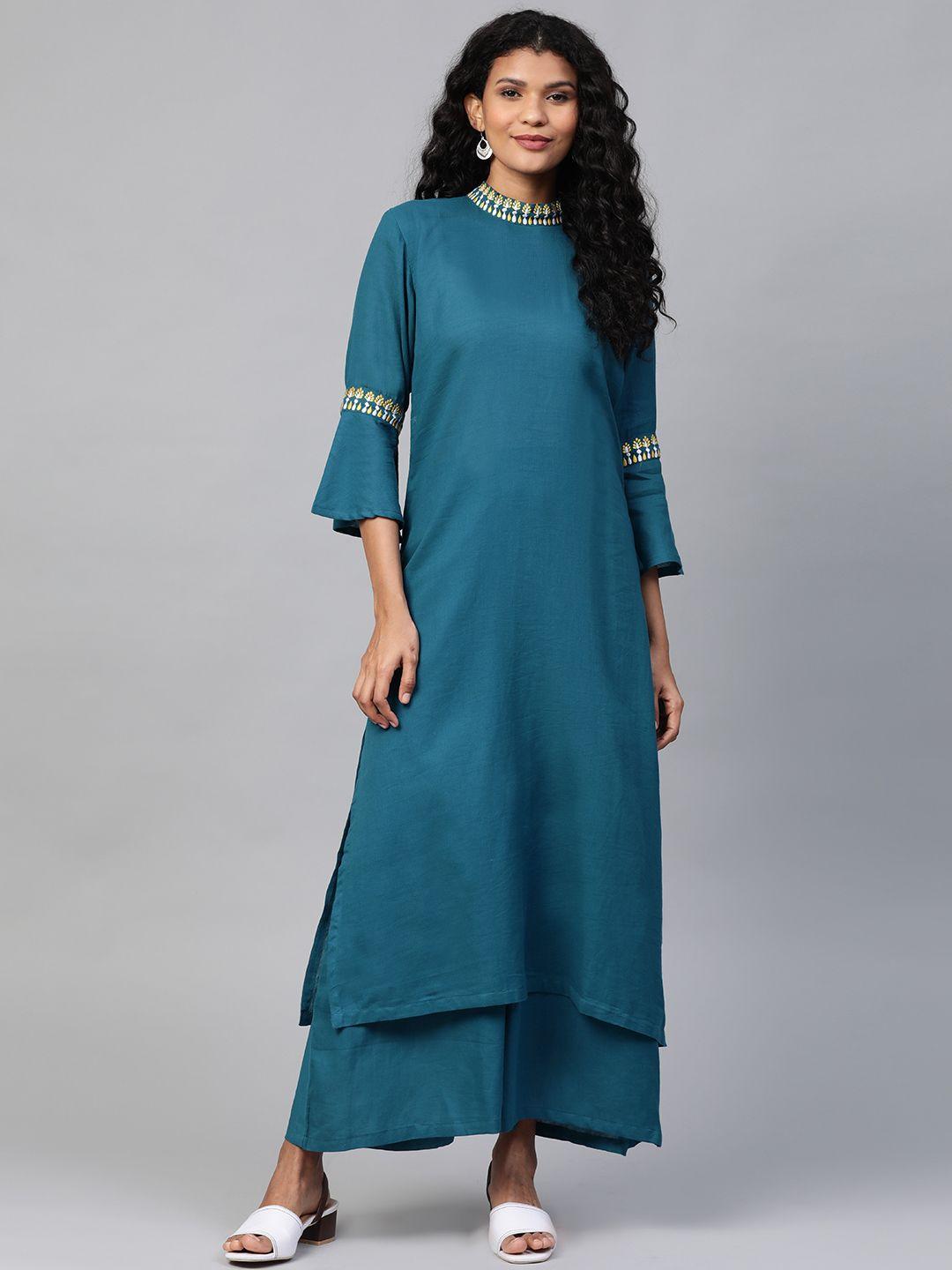 laado - pamper yourself women teal blue solid  kurta with palazzos