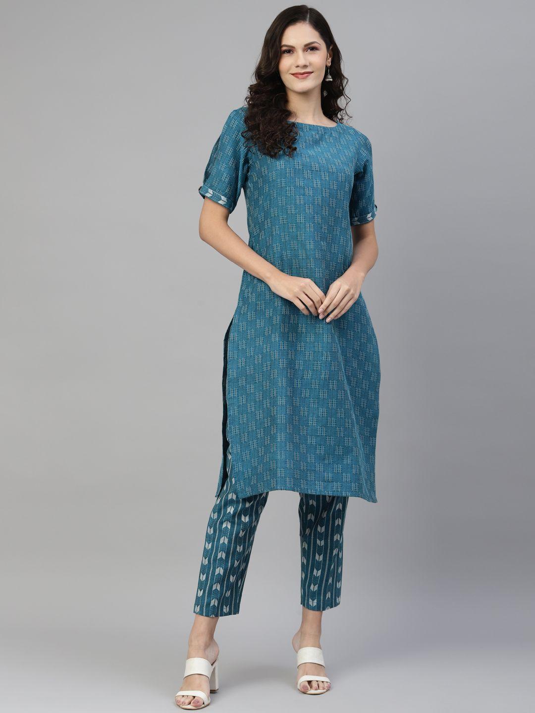 laado - pamper yourself women teal printed pure cotton kurta with trousers