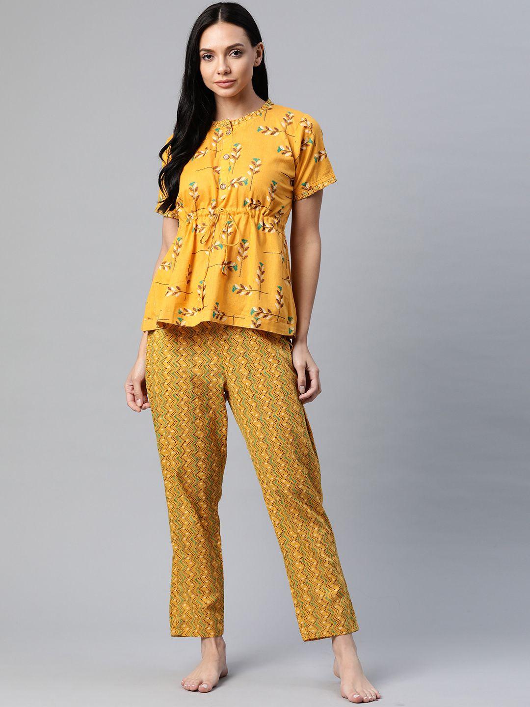 laado - pamper yourself women yellow printed pure cotton night suit