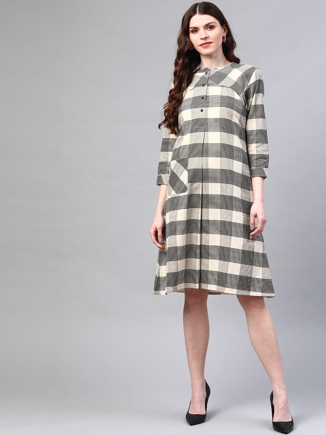 laado - pamper yourself women  off-white & charcoal grey checked a-line dress