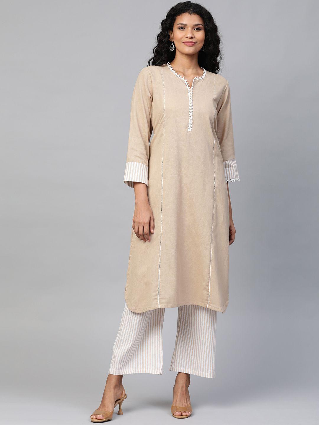 laado - pamper yourself women beige & off-white solid kurta with sustainable palazzos