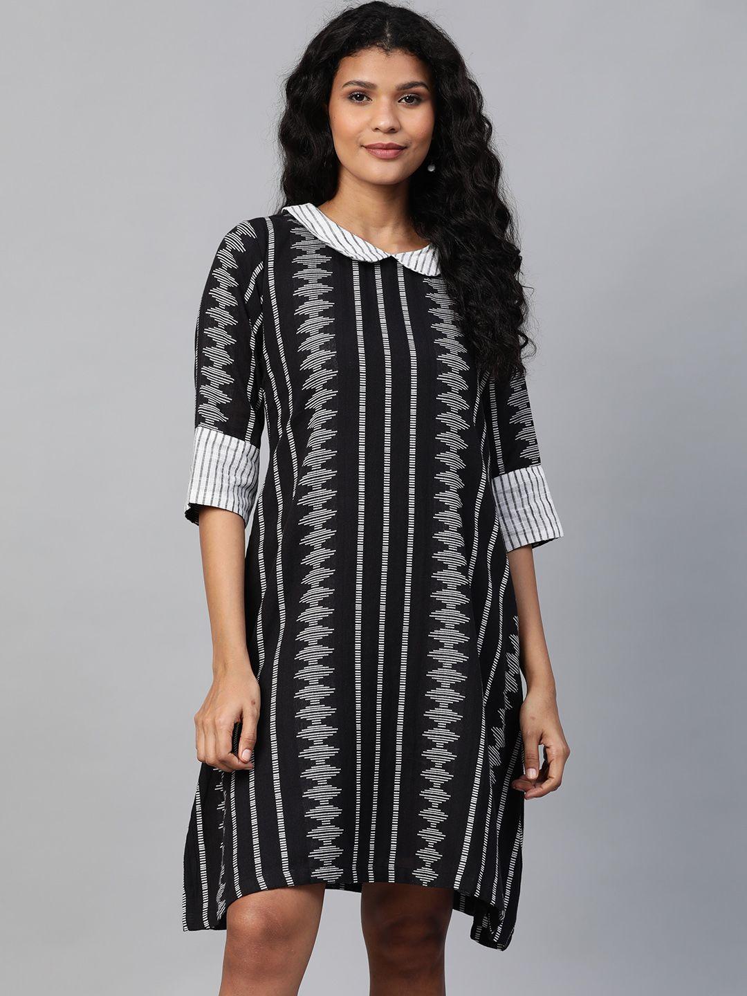 laado - pamper yourself women black & white ikkat self-striped sustainable a-line dress