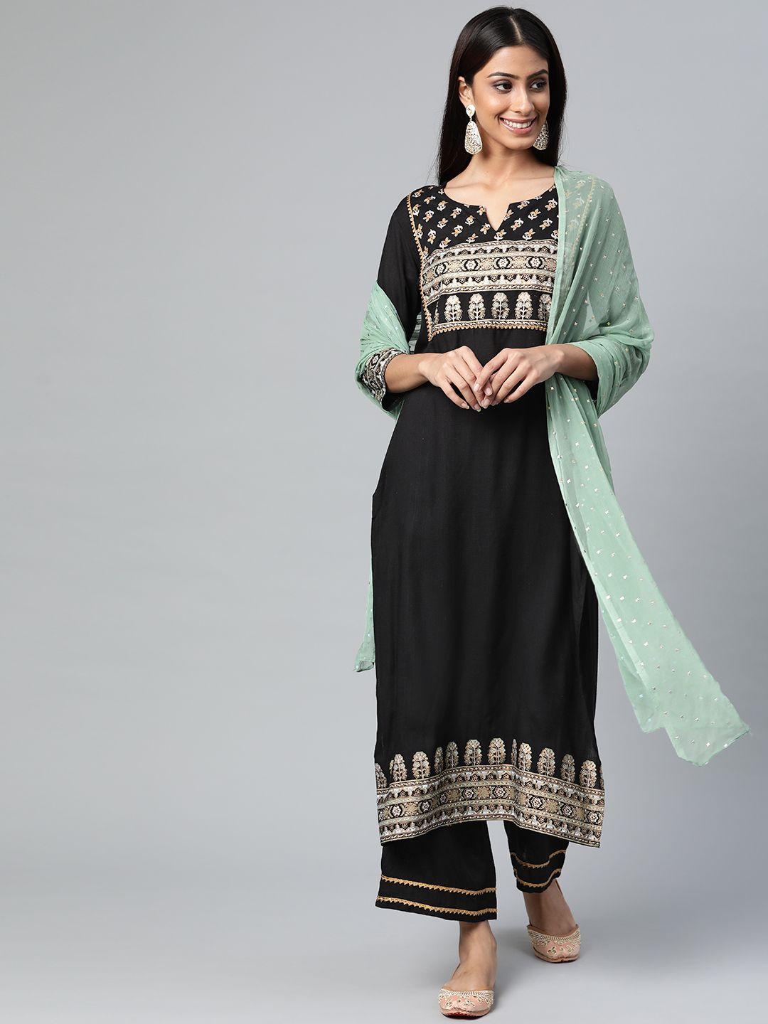 laado - pamper yourself women black ethnic motifs yoke design regular kurta with palazzos & with dupatta