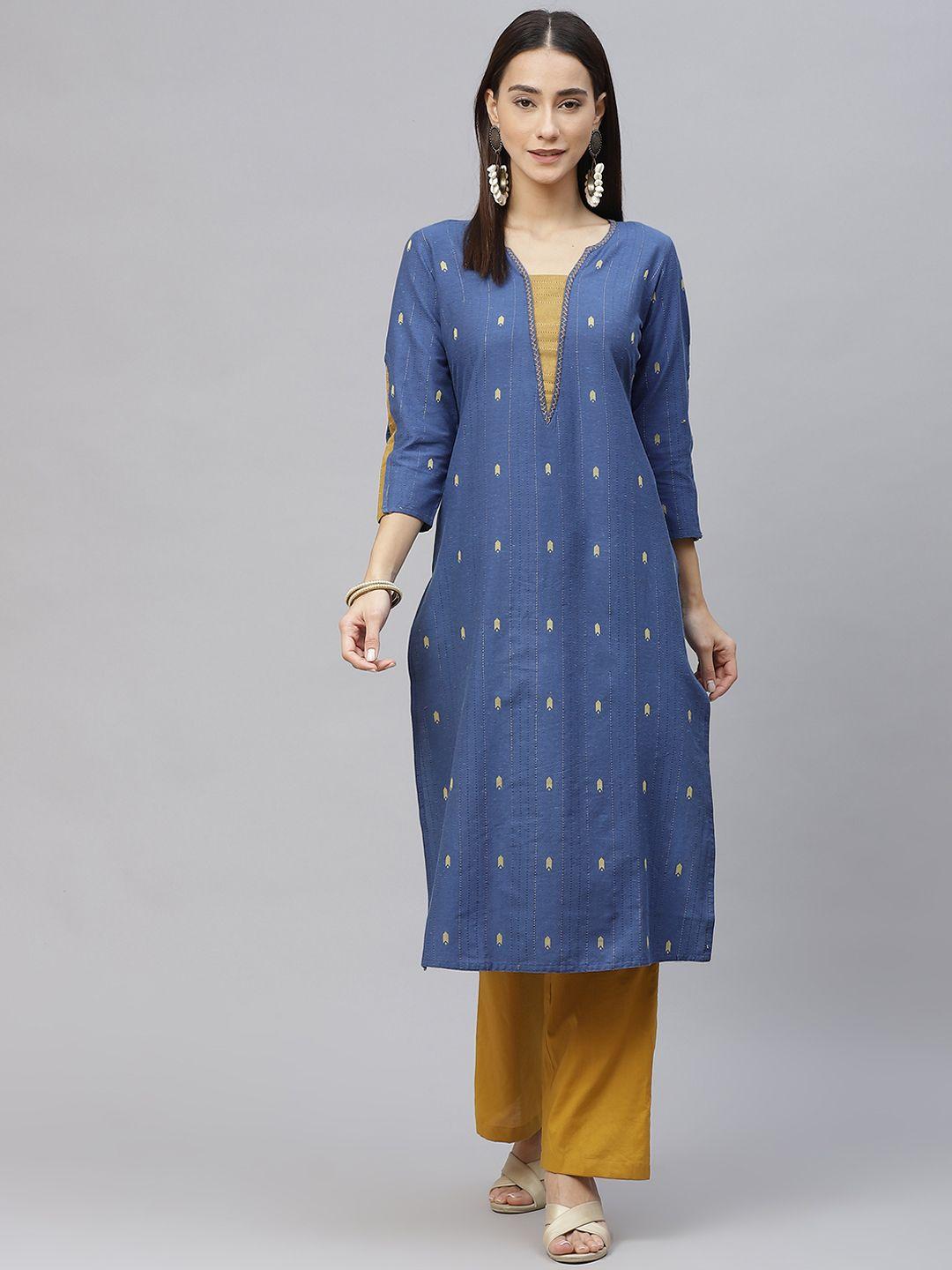 laado - pamper yourself women blue & golden pure cotton striped handloom kurta