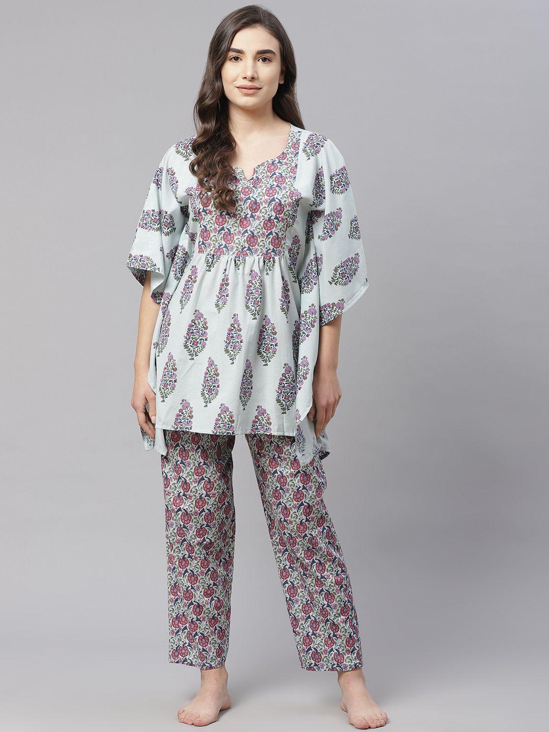 laado - pamper yourself women blue & purple floral print pyjama set