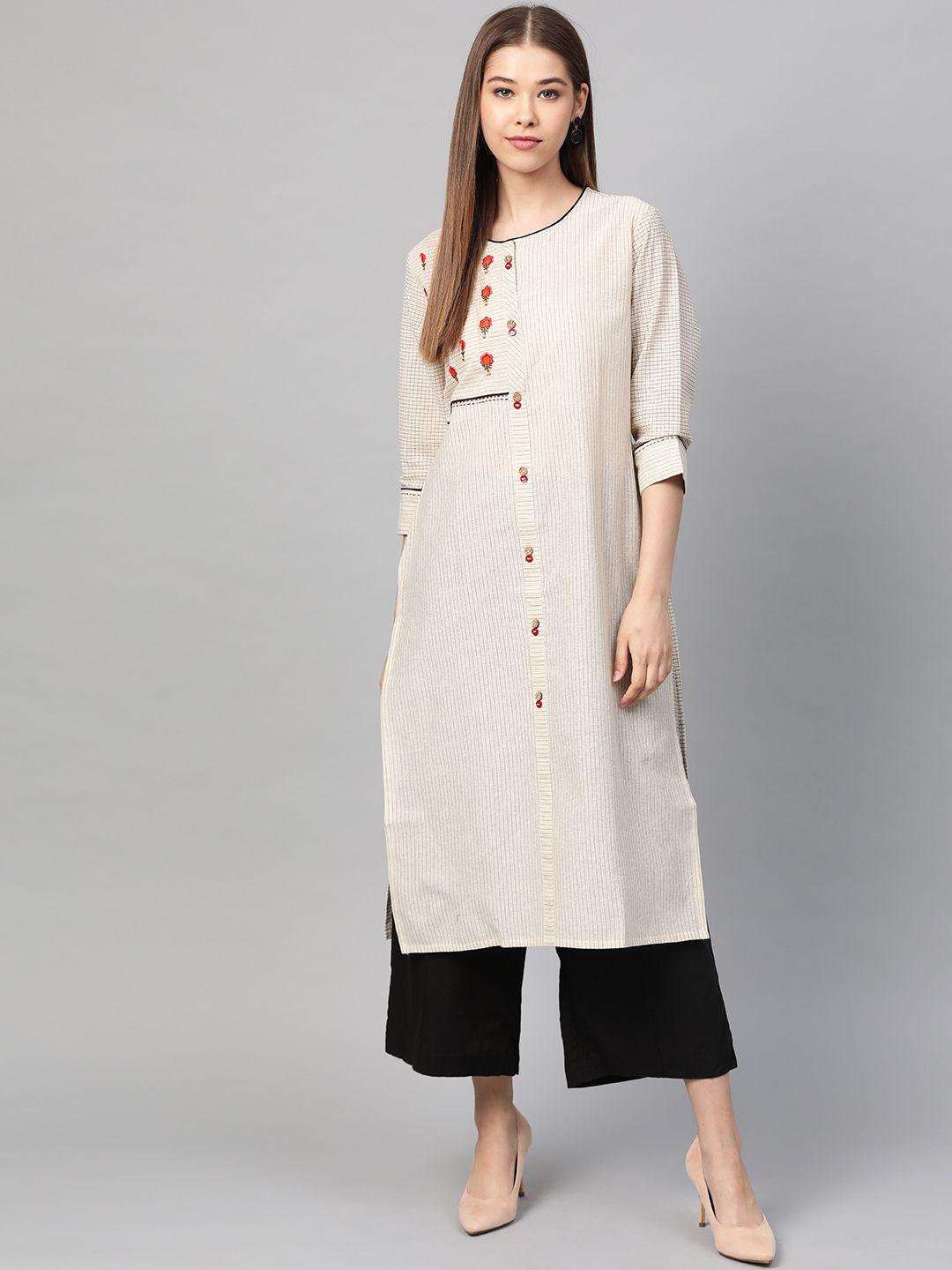 laado - pamper yourself women cream-coloured & black self-striped straight sustainable kurta