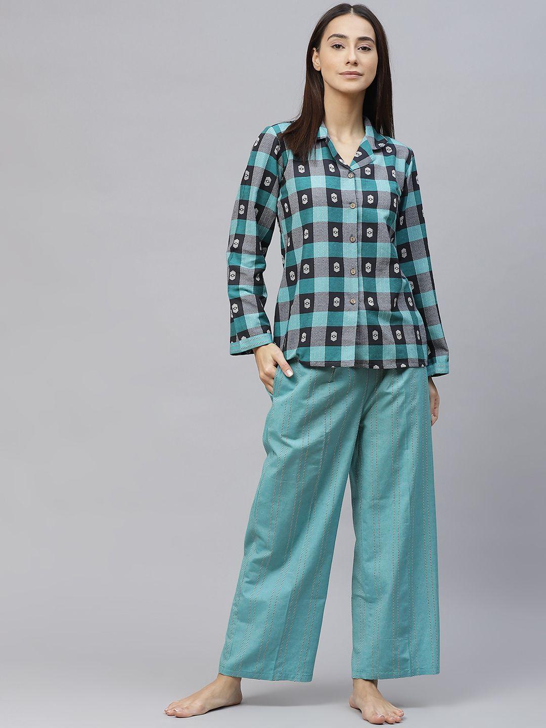 laado - pamper yourself women green & white checked cotton pyjama set