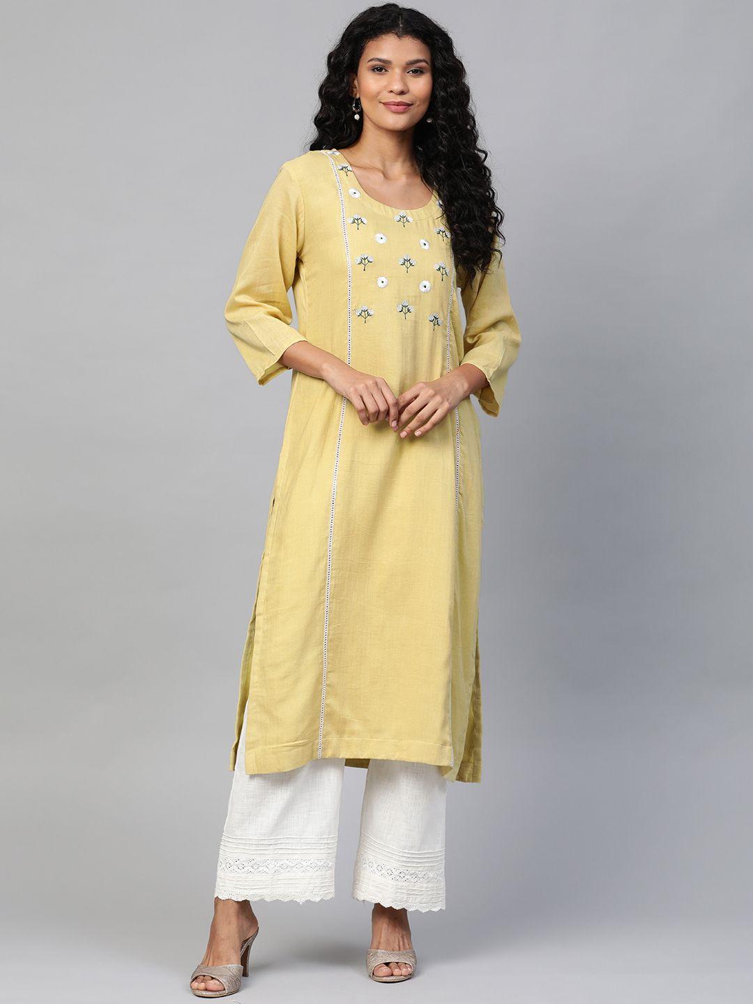 laado - pamper yourself women green yoke embroidered straight sustainable kurta