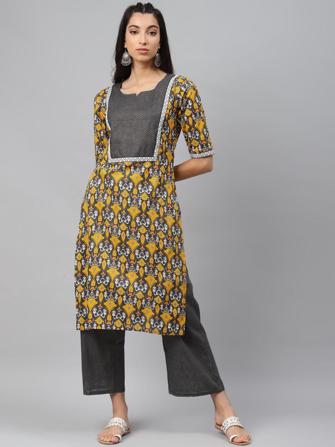 laado - pamper yourself women grey & yellow printed pure cotton kurta with palazzos