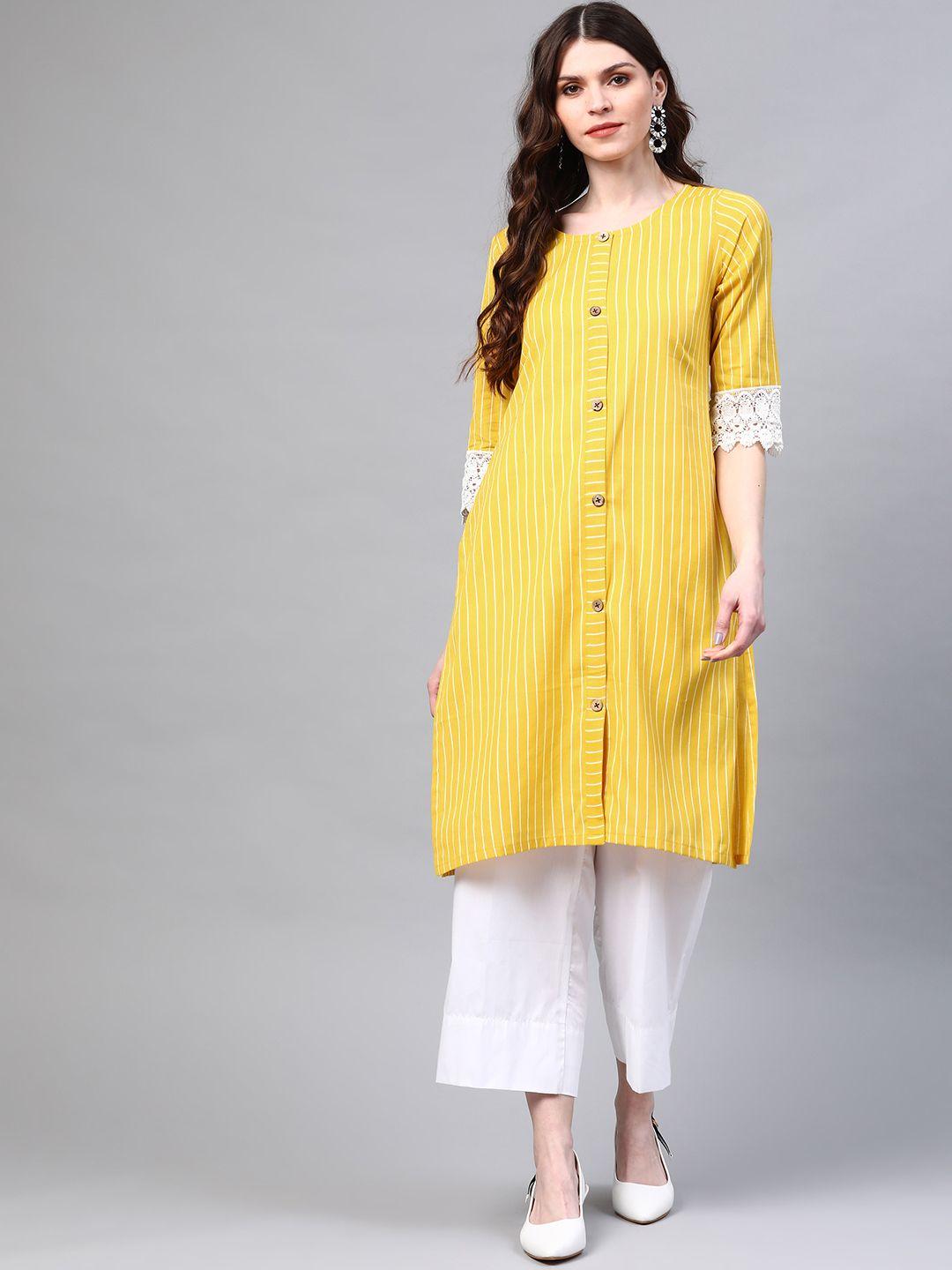 laado - pamper yourself women mustard yellow & white cotton striped straight kurta