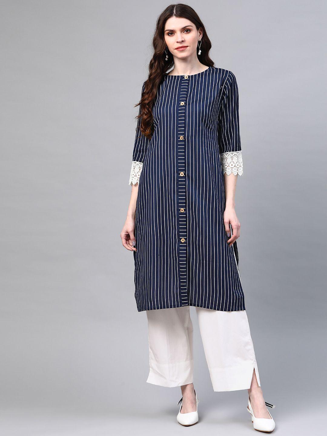 laado - pamper yourself women navy blue & white striped sustainable kurta with palazzos