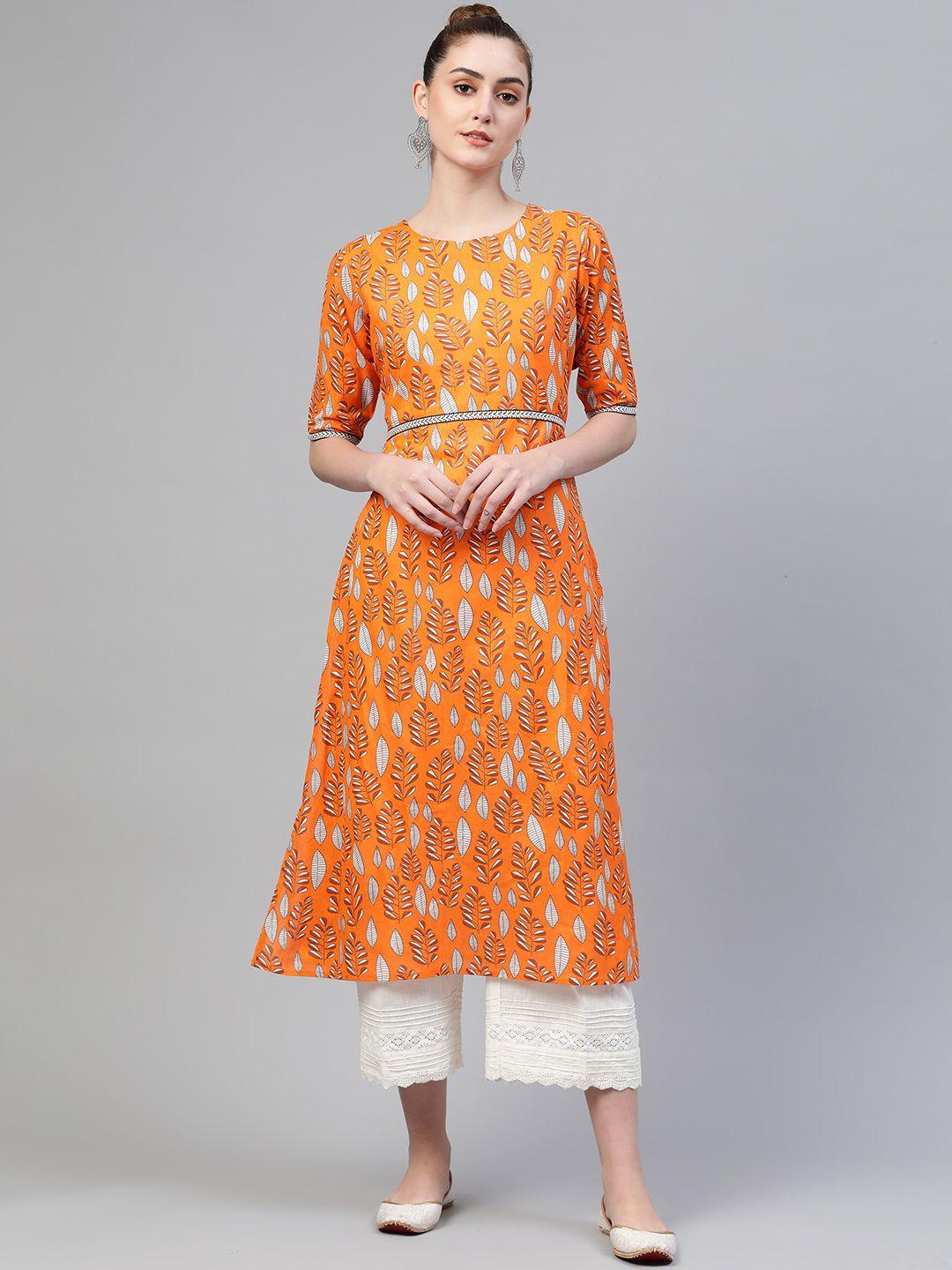 laado - pamper yourself women orange & white floral printed thread work pure cotton kurta