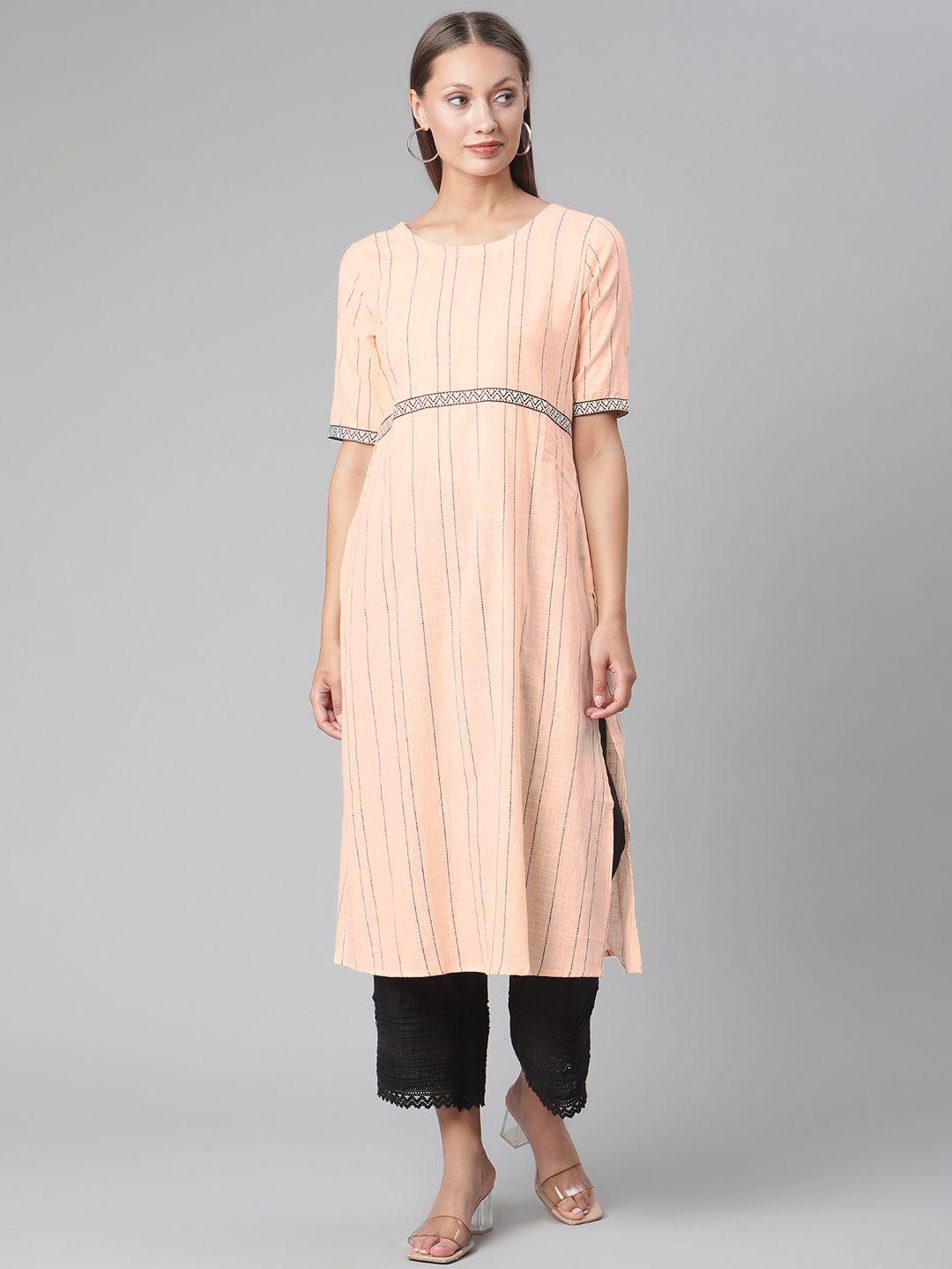 laado - pamper yourself women peach-coloured striped handloom kurta