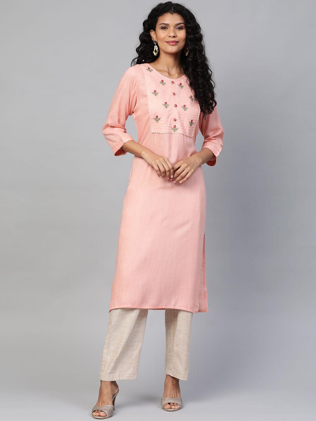 laado - pamper yourself women peach-coloured yoke embroidered straight kurta