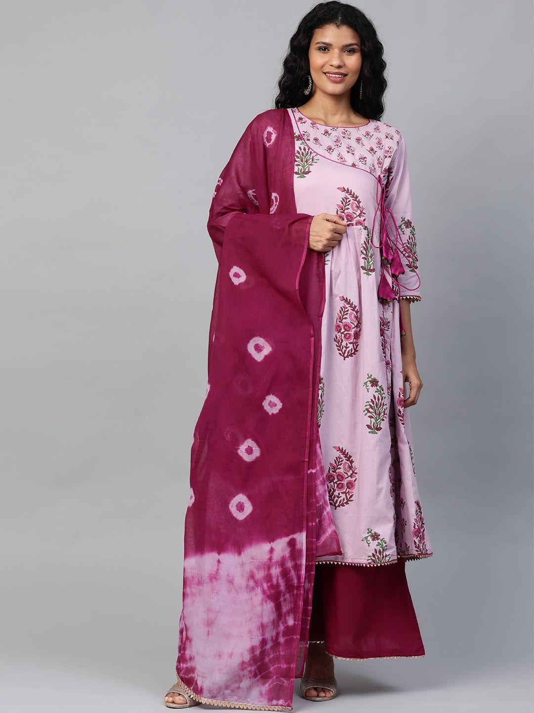 laado - pamper yourself women pink & burgundy hand block printed sustainable kurta with sustainable palazzos set