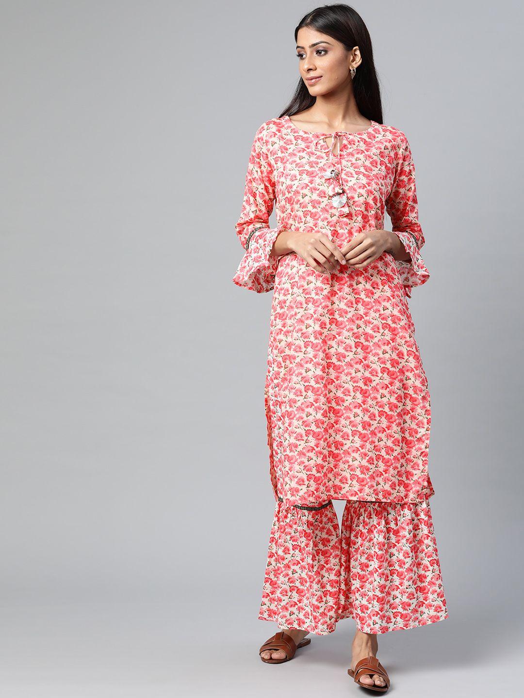 laado - pamper yourself women pink & off-white floral printed pure cotton kurta & palazzos