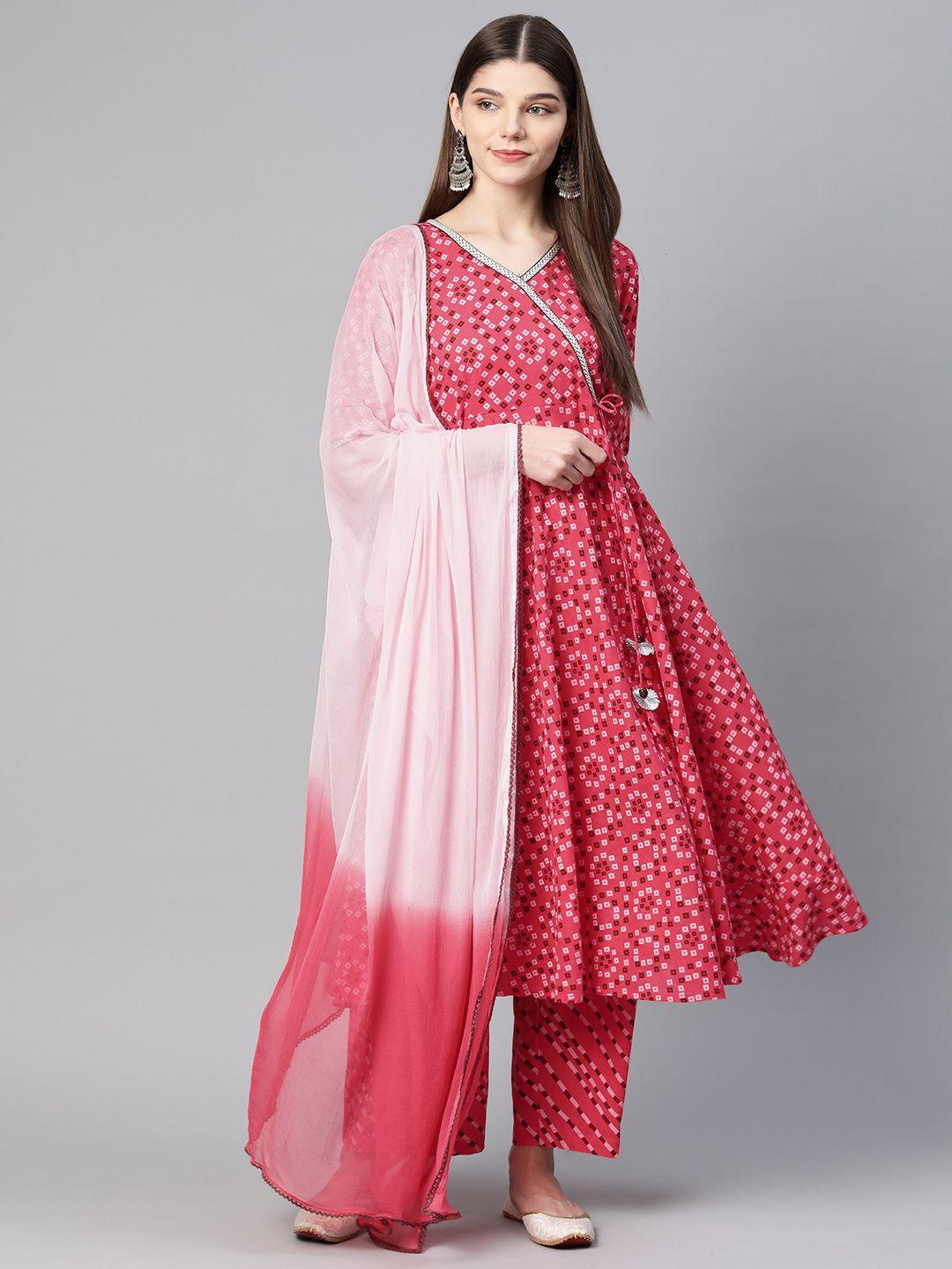 laado - pamper yourself women pink & white bandhani print kurta with palazzos & dupatta