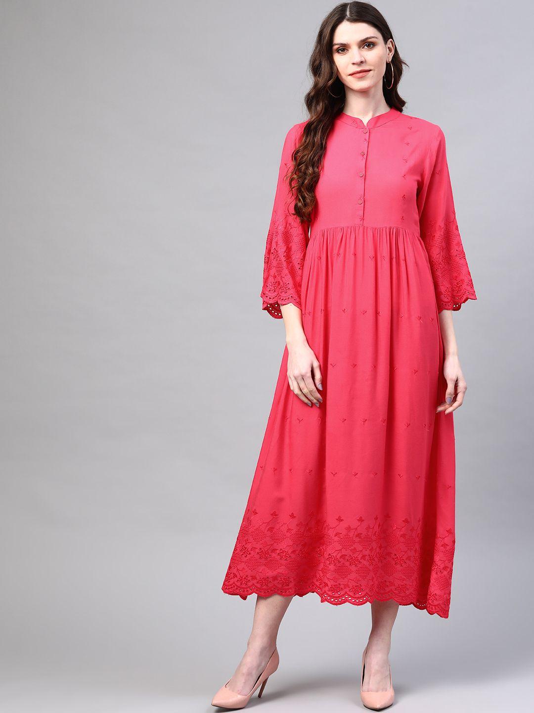 laado - pamper yourself women pink pure cotton embroidered maxi dress