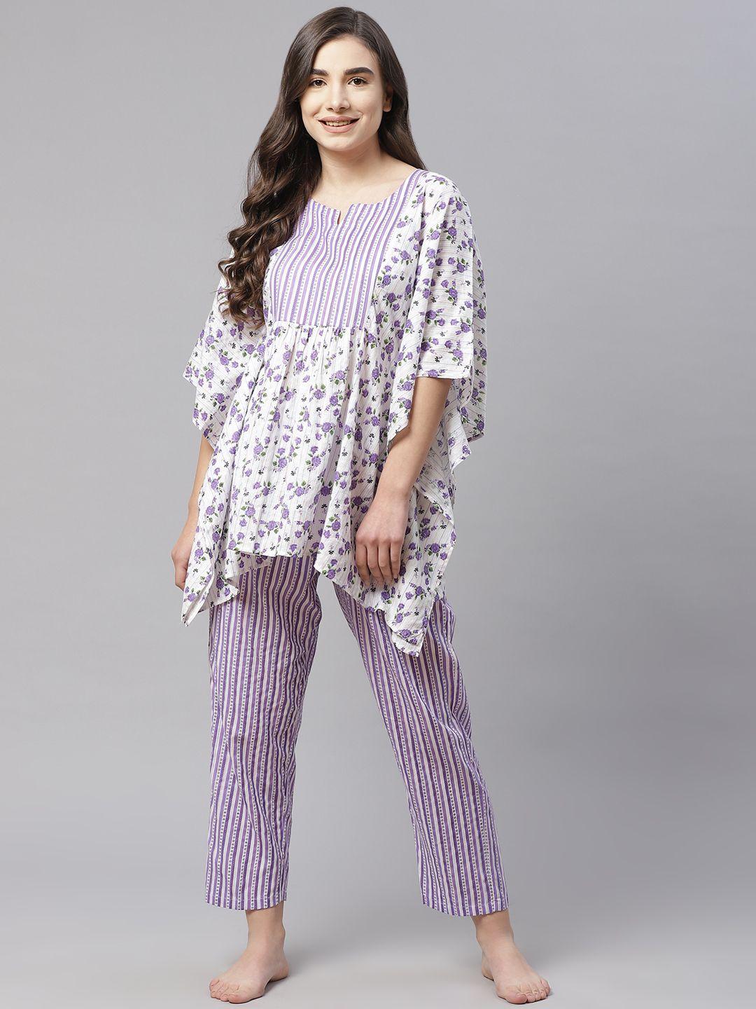 laado - pamper yourself women purple & white floral printed cotton pyjama set