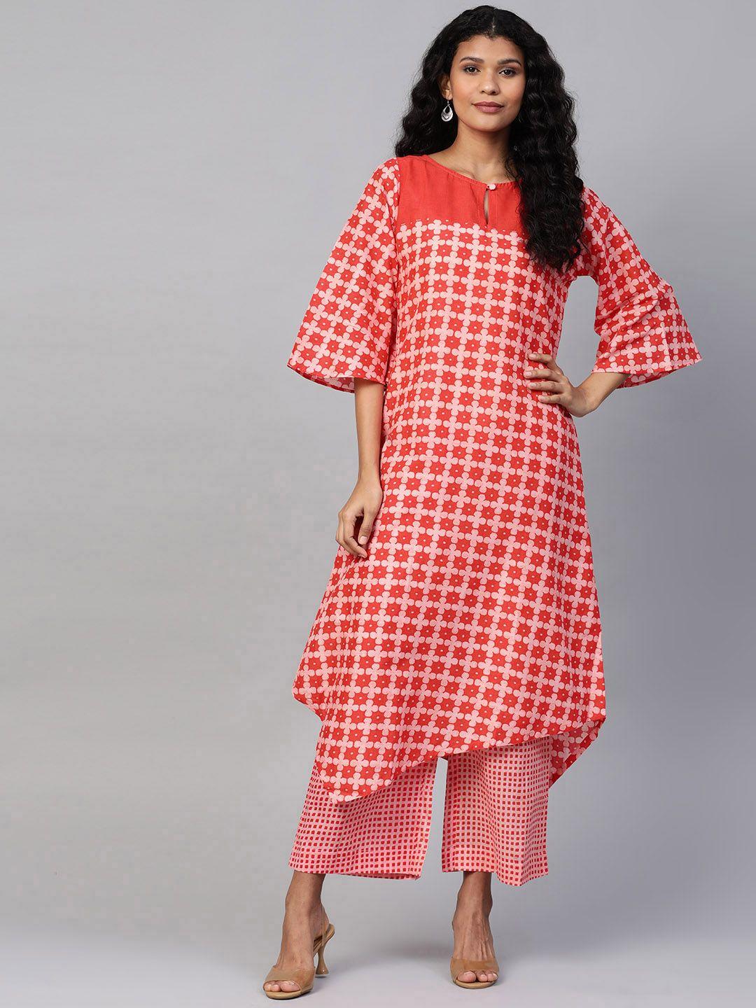 laado - pamper yourself women red & peach-coloured hand block printed kurta with palazzos