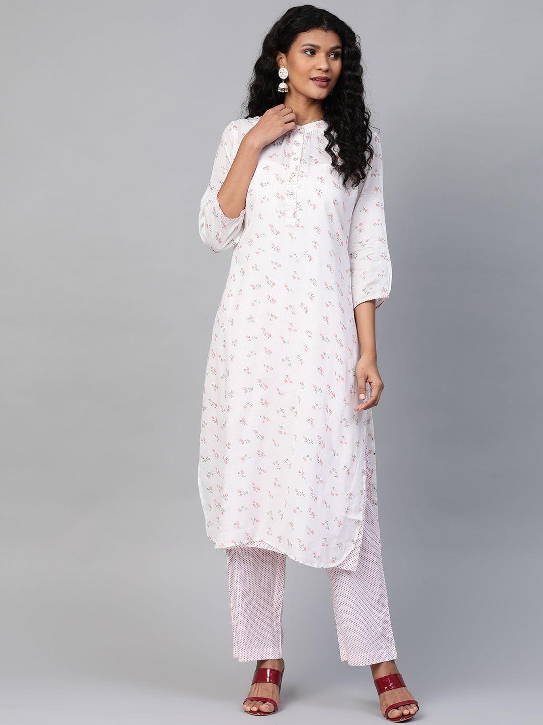 laado - pamper yourself women white & red floral printed kurta with trousers
