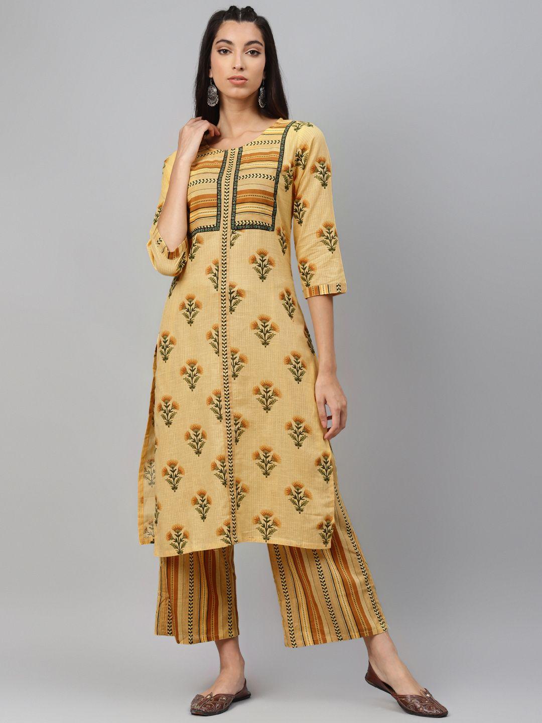 laado - pamper yourself women yellow & green printed pure cotton kurta with palazzos