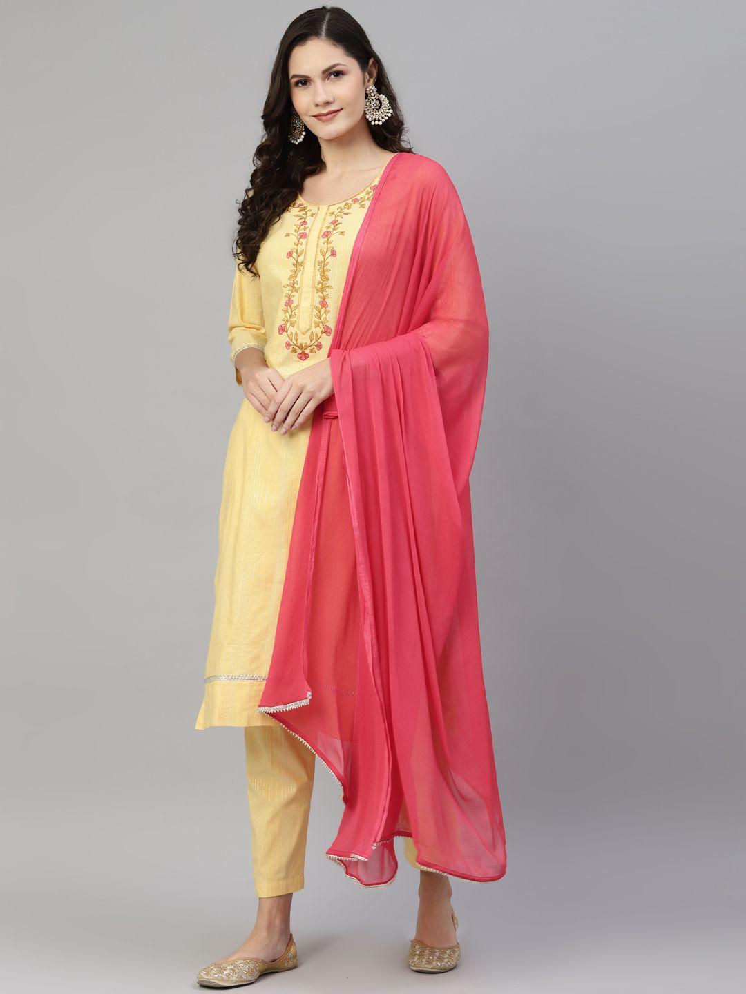 laado - pamper yourself women yellow floral yoke design pure cotton kurta with trousers & with dupatta