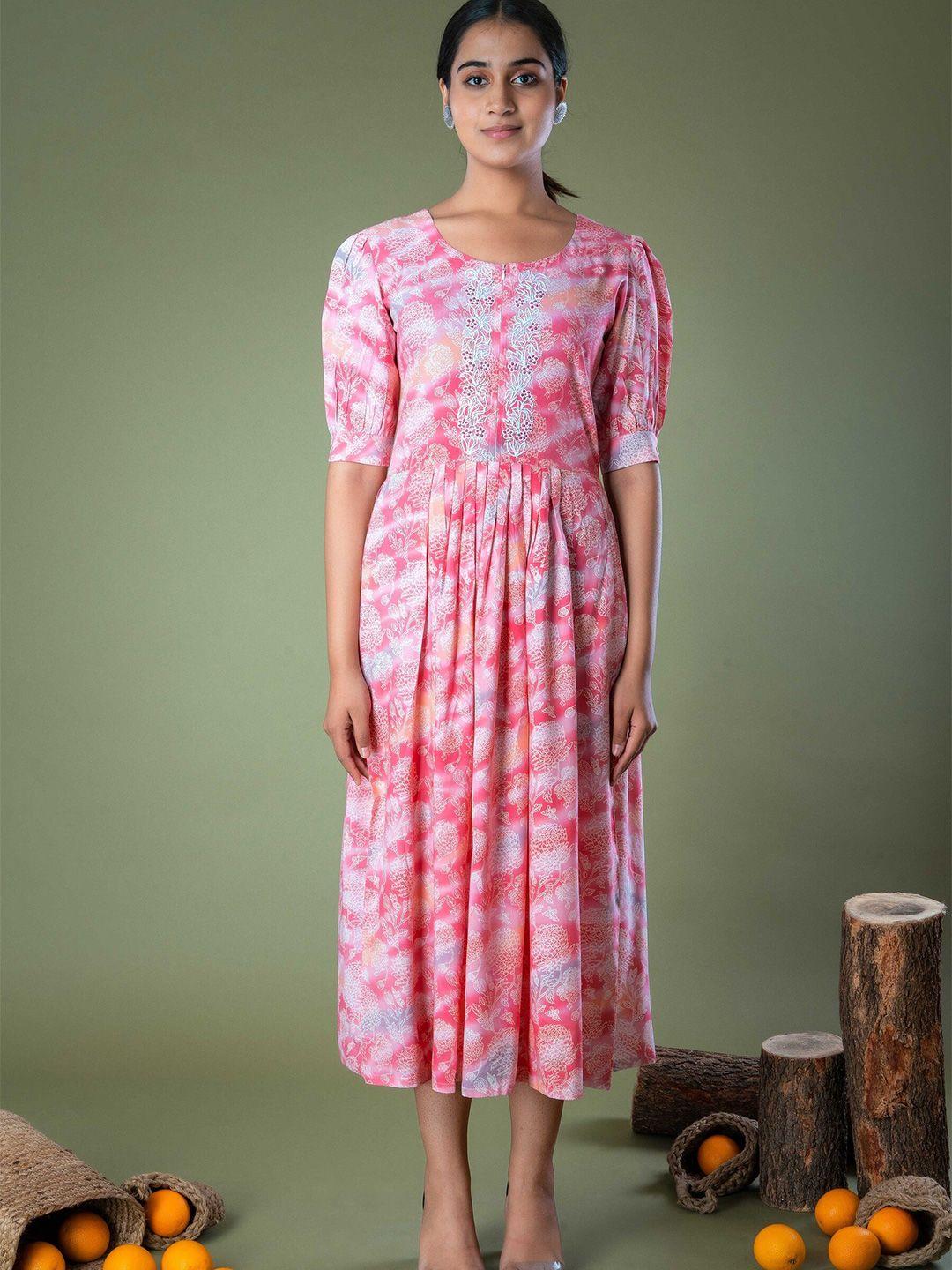 laakhi floral printed puff sleeves fit & flare midi ethnic dress
