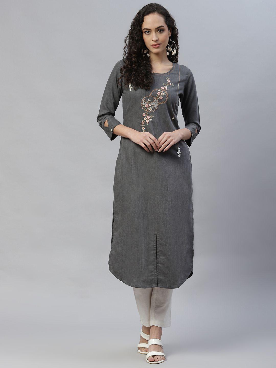 laakhi women charcoal grey & brown floral printed kurta