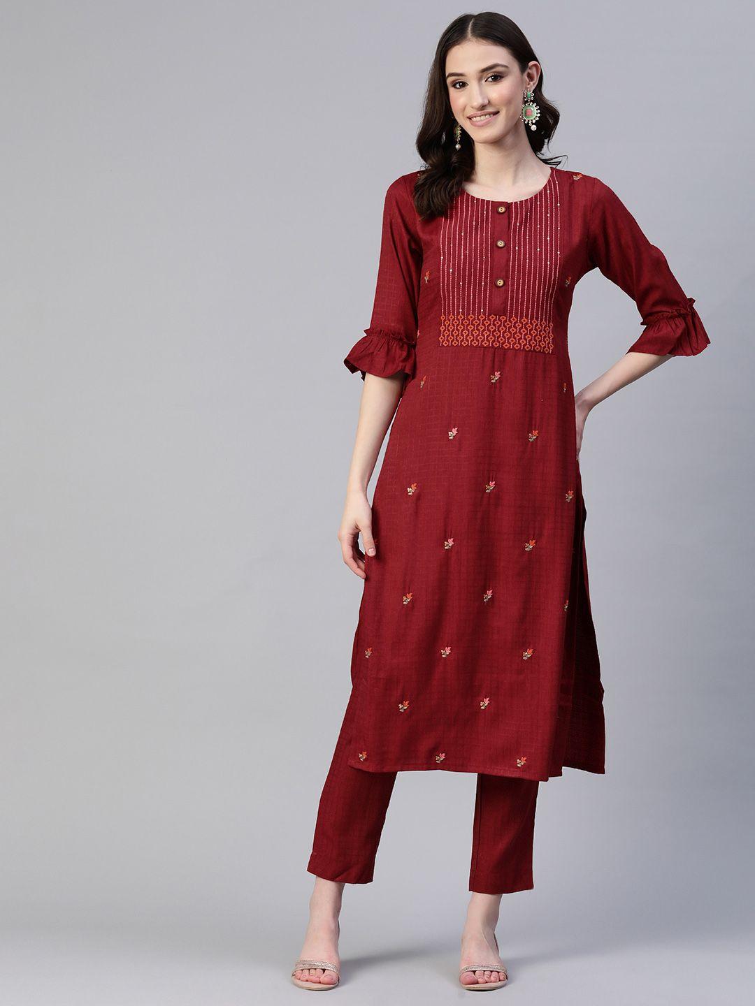 laakhi women floral embroidered regular sequinned pure cotton kurta with trousers