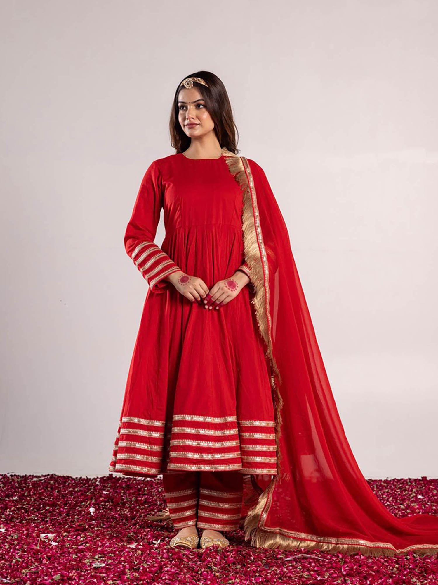 laal bagh solid anarkali red (set of 3)