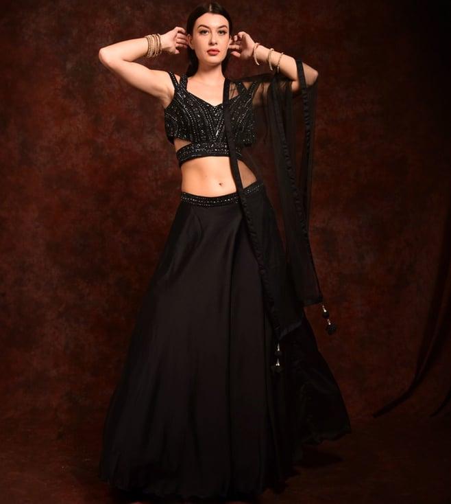 laalzari black embroidered crop-top with skirt and dupatta