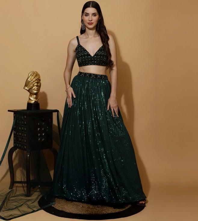 laalzari bottle green embroidered crop-top with skirt and dupatta