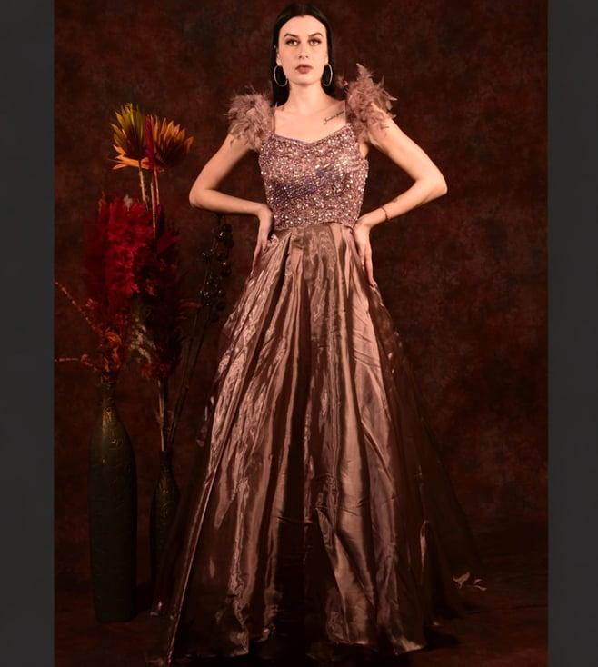 laalzari brown organza tissue gown with embroidery