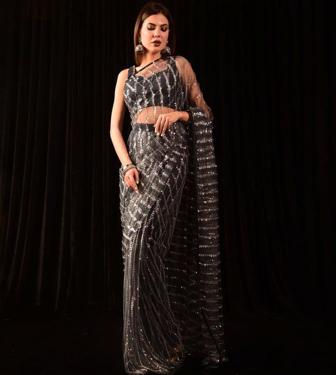 laalzari charcoal grey heavy embroidered saree with blouse