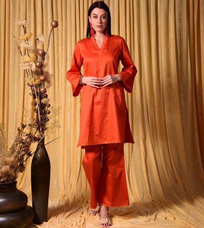 laalzari orange cotton silk tunic with pant co-ord set